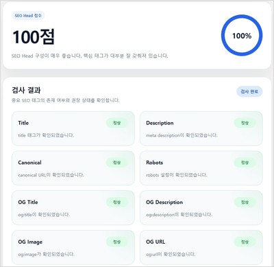SEO Head 검사 결과화면