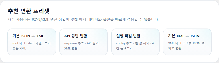 추천 변환 프리셋 화면